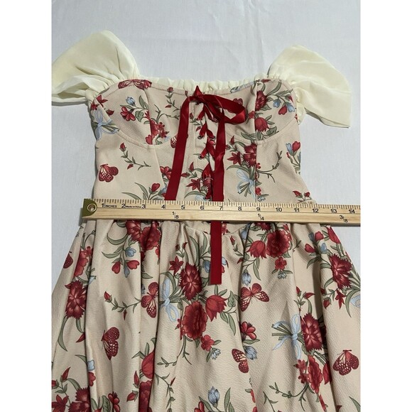 Women’s German Style Cosplay Dress Sz S Red Florals Tie Bodice Puff Off Shoulder - Picture 15 of 16